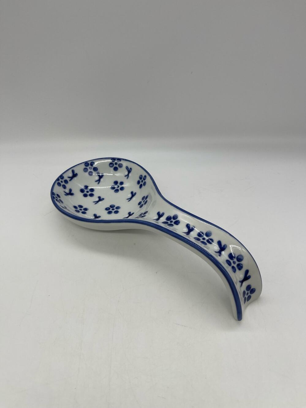 Floral Design Polish Pottery Blue & White Spoon Rest 9"